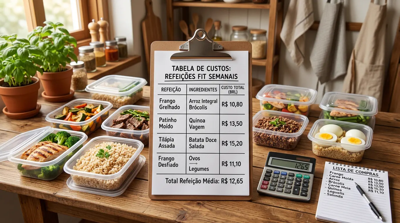 como economizar fazendo marmita fit mostrando tabela de custos e potes organizados