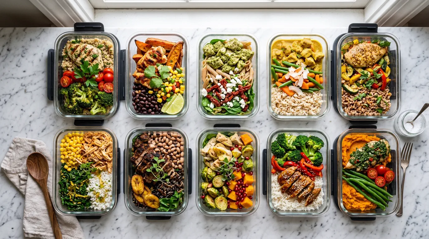 10 marmitas de frango fit para secar barriga montadas e organizadas na geladeira